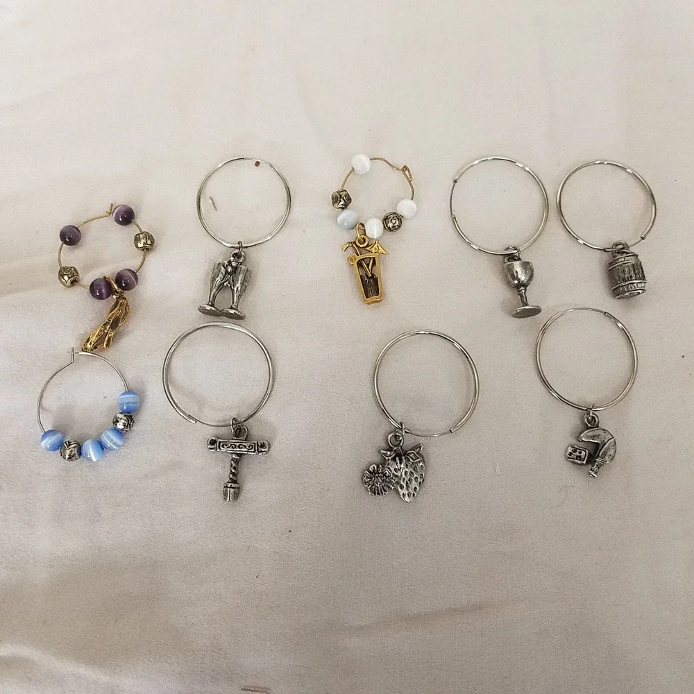 Wine themed Glass Charms Mixed Colors Excellent Beaded‎ Metal 9pc Set
